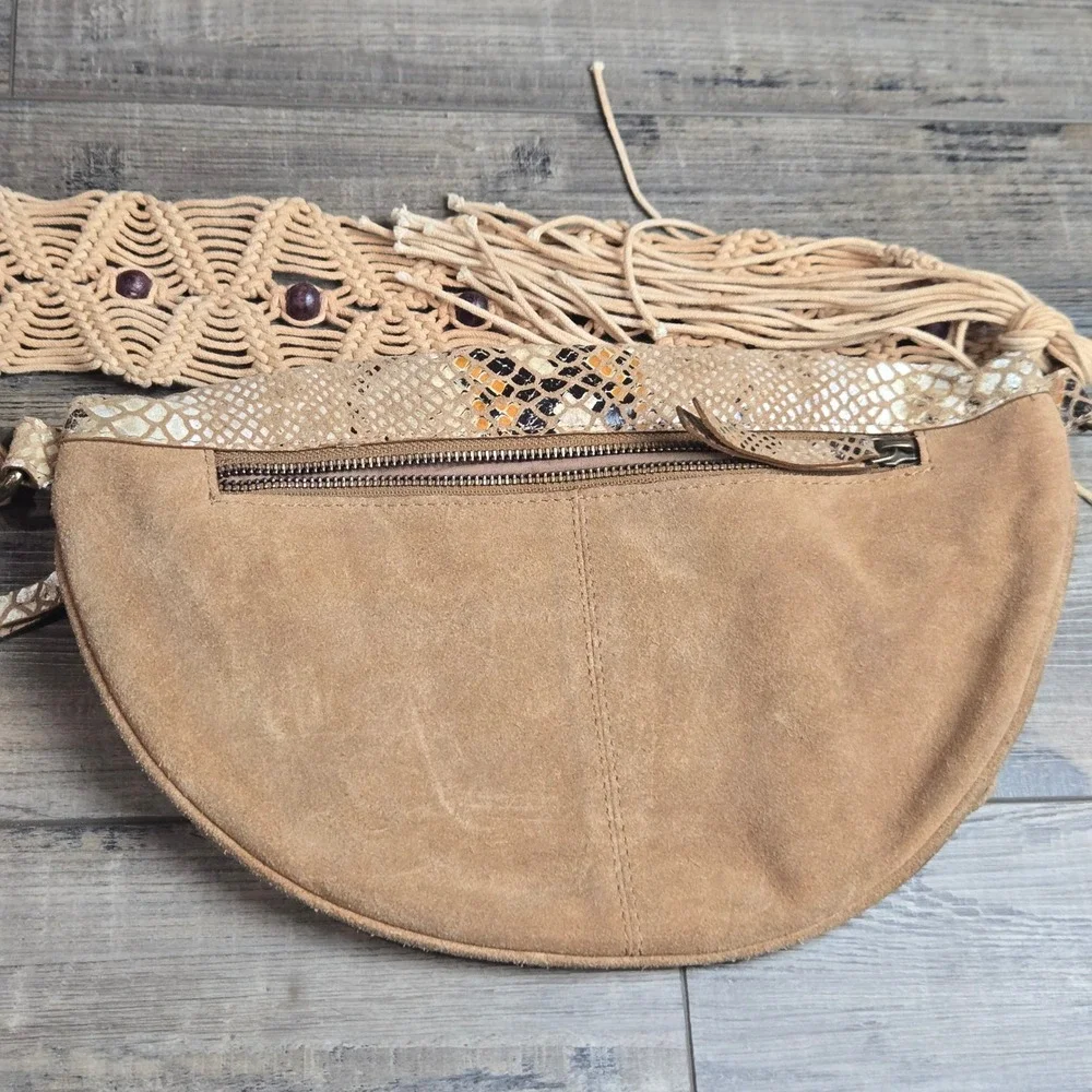 Free People Suede Snakeskin Macrame Sling Fringe Bag Tan Crossbody Purse Leather